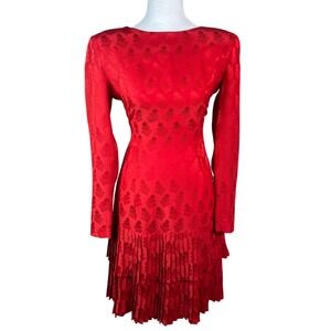 Vintage Liz Claiborne Red Silk Geo Pattern Pleated Tiered Cocktail Dress‎ Size 6